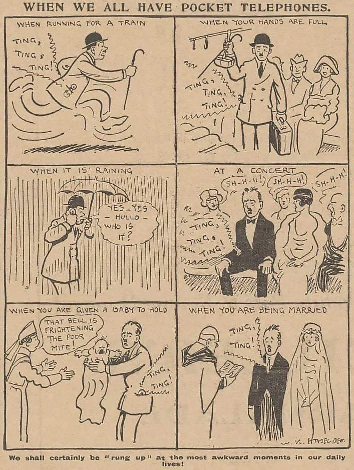 Over one hundred years ago, English cartoonist and caricaturist W. K. Haselden poked fun at "pocket telephones."