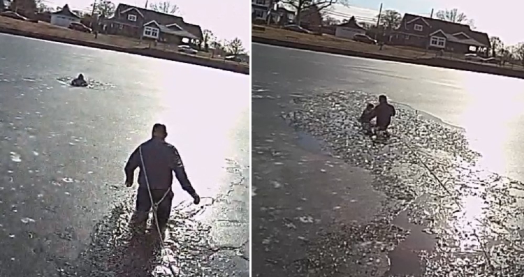 A police officer saved an 11-year-old boy after he fell through the ice on a partially frozen lake.